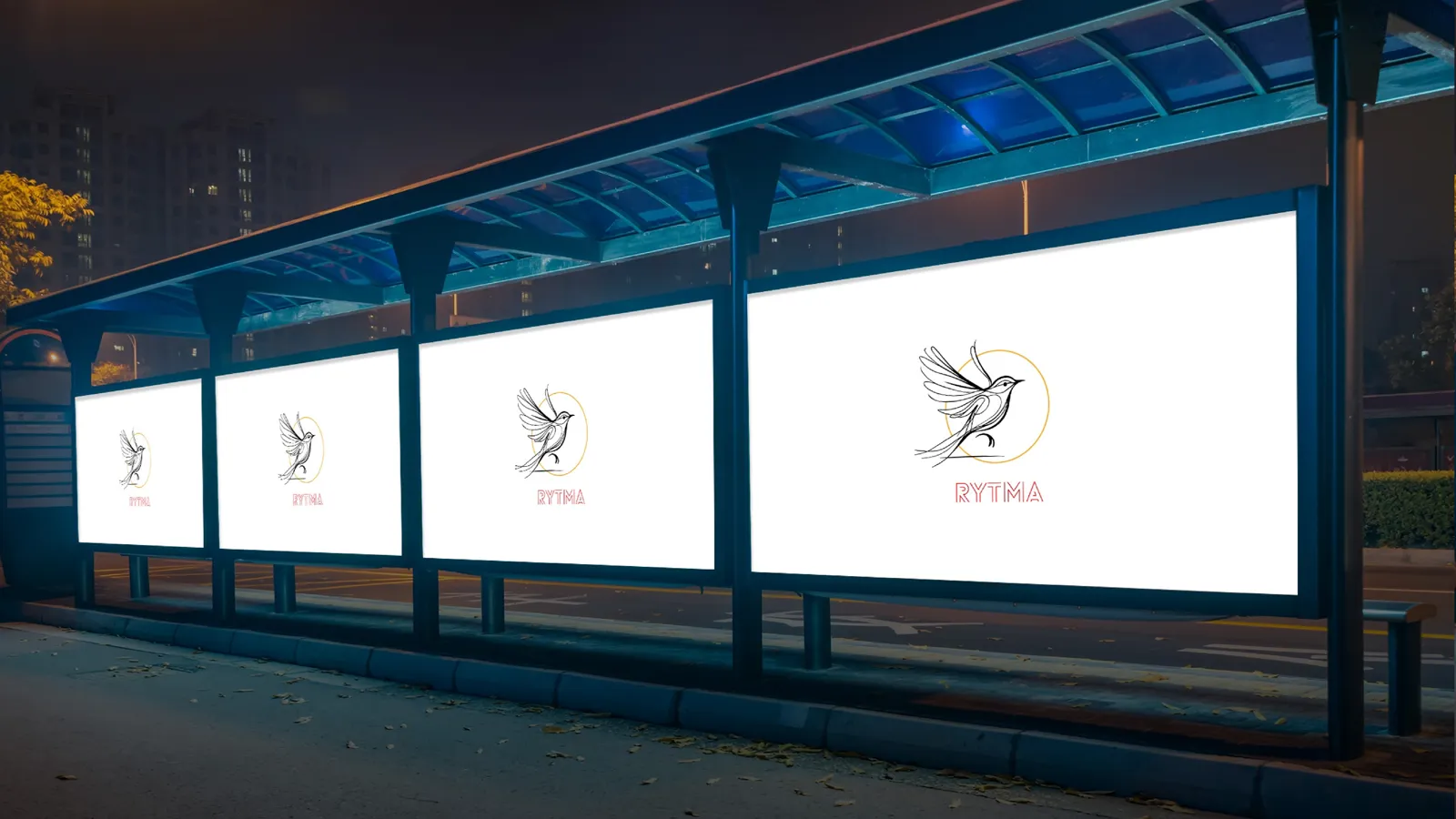 Brandbook Rytma : le logo décliné sur une série de panneaux publicitaires, de nuit