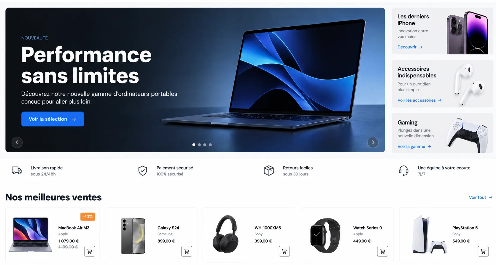 Boutique en ligne créée par Cubix : bannière « Performance sans limites » et rayon des meilleures ventes