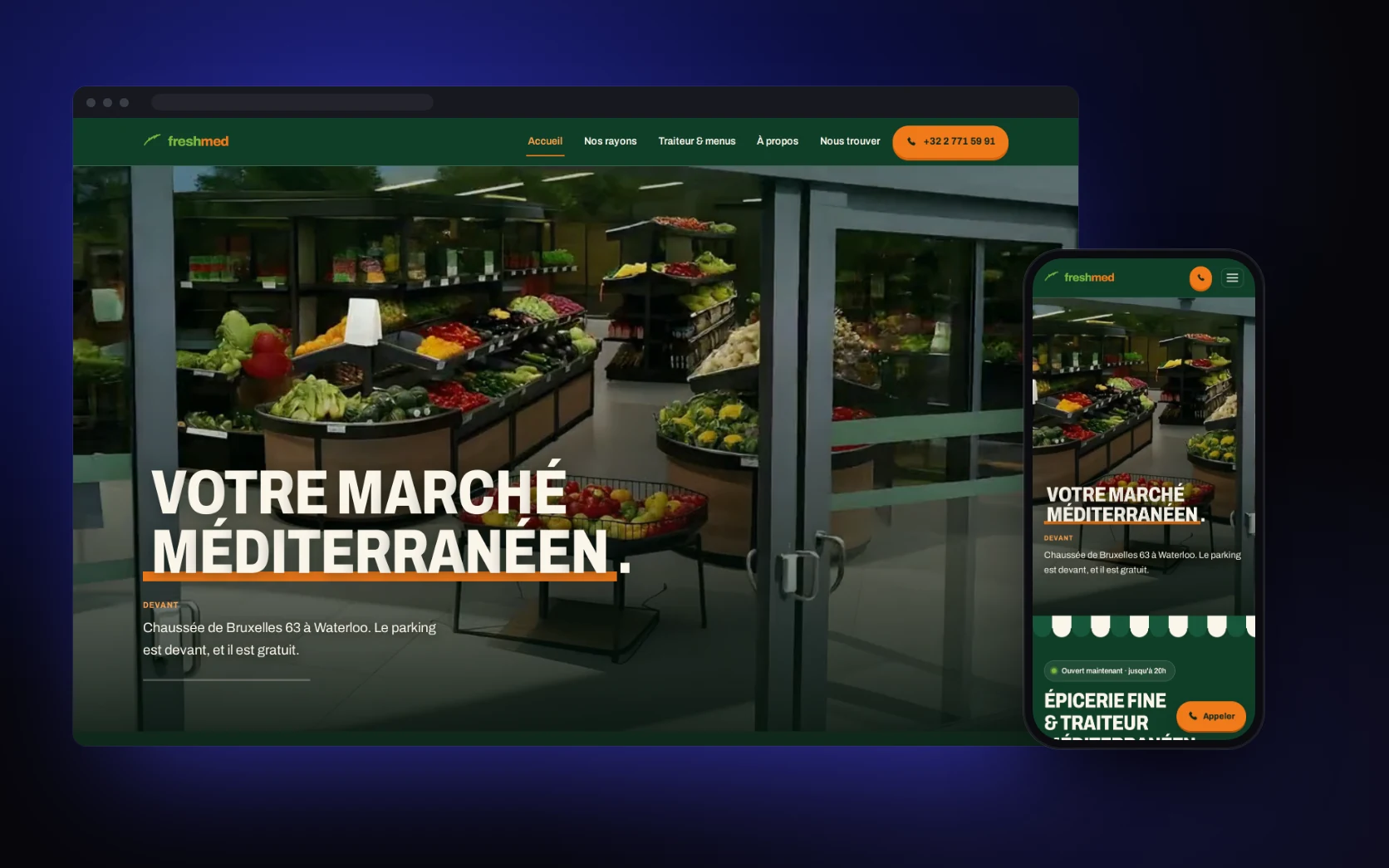 Site de Freshmed Waterloo, épicerie fine méditerranéenne : accueil sur ordinateur et sur mobile