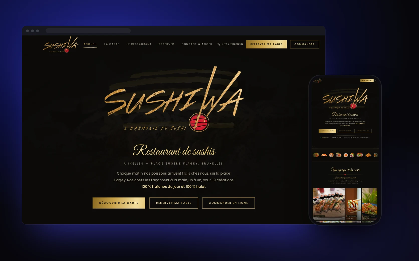 Site de Sushi Wa, restaurant de sushis halal à Ixelles : accueil sur ordinateur et sur mobile