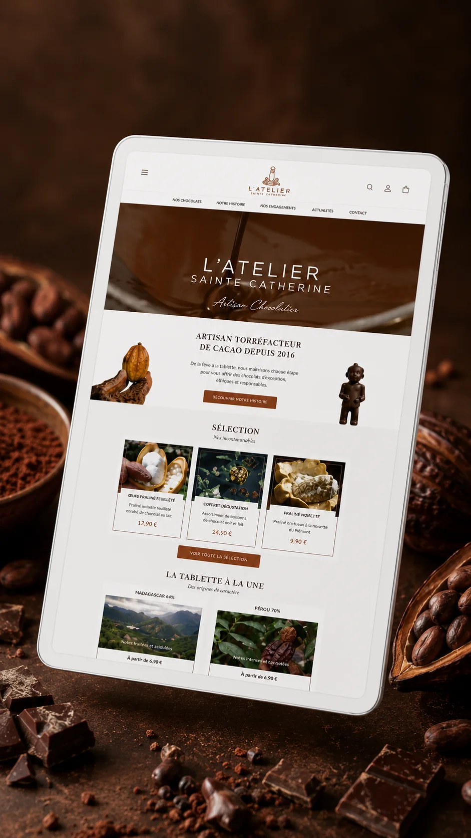 Site web de L’Atelier Sainte-Catherine affiché sur tablette