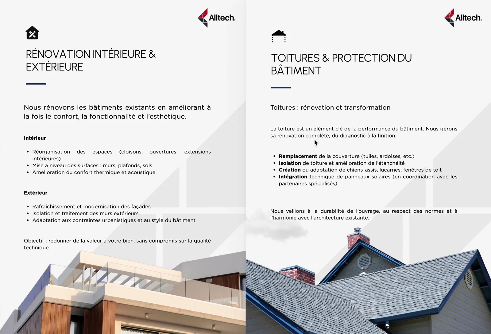 Plaquette Alltech : pages « Rénovation intérieure & extérieure » et « Toitures & protection du bâtiment »