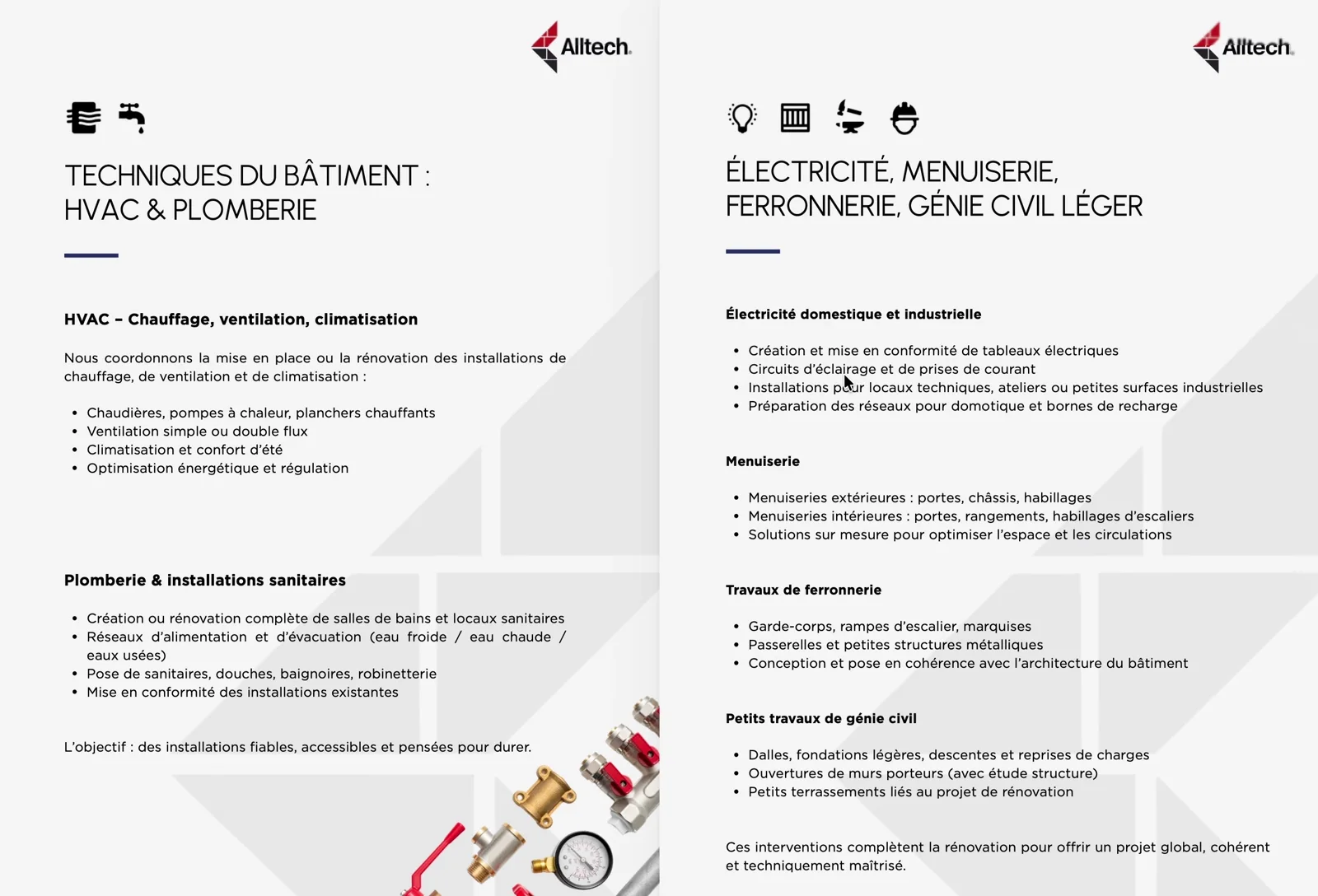 Plaquette Alltech : pages « Techniques du bâtiment » et « Électricité, menuiserie, ferronnerie »