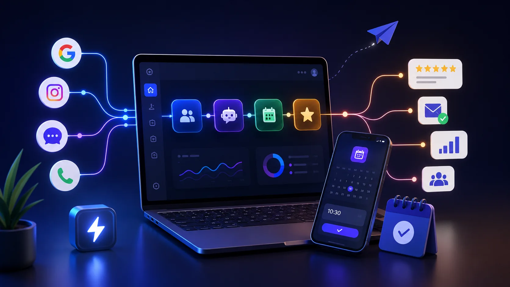 Visuel 3D : Google, Instagram, messagerie et téléphone reliés à un tableau de bord automatisé