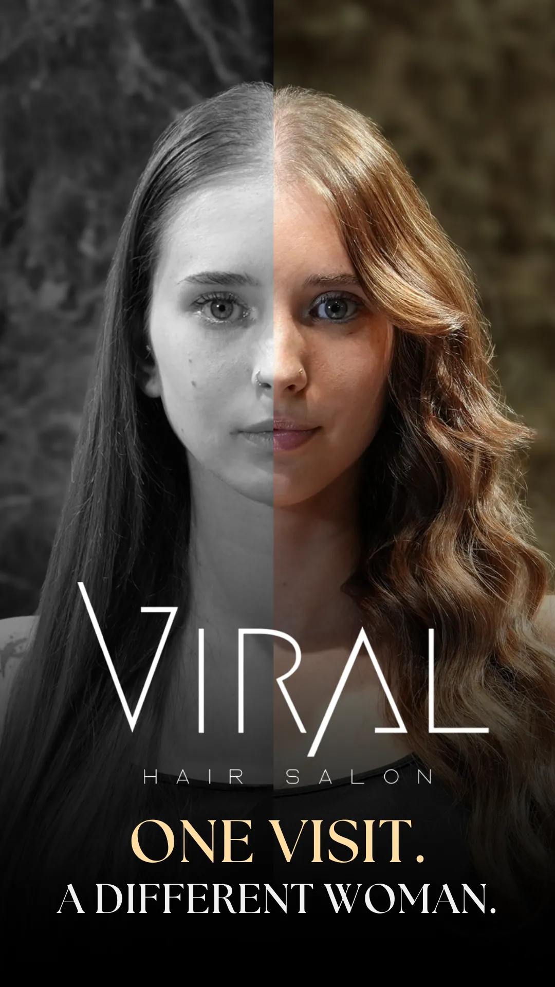 Viral Hair Salon : portrait avant/après en deux moitiés, « One visit. A different woman »